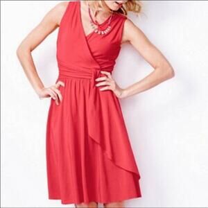 Garnet Hill Double V-Neck Draped Faux Wrap Coral Pink Sleeveless Dress